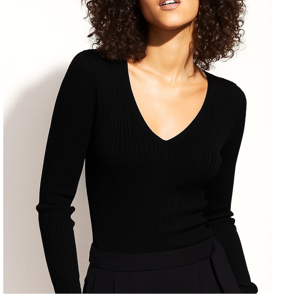 Vince 100% Cashmere Ribbed V-Neck sweater size large black - Picture 1 of 8